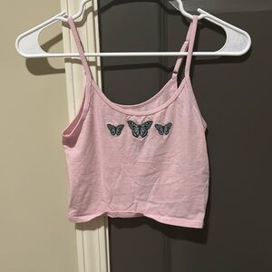 Pink tank top with embroidered butterflies. Price is negotiable